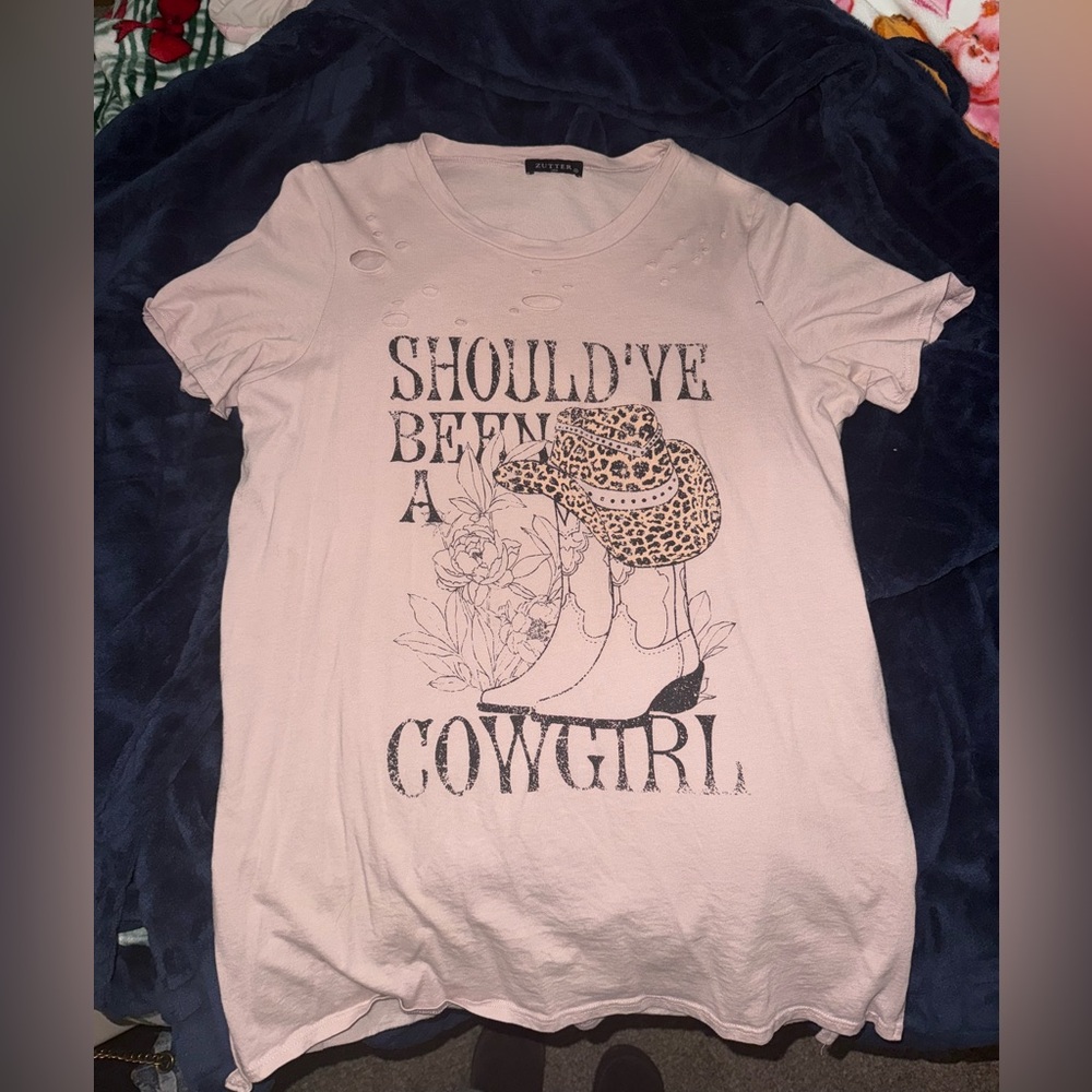 Distressed Graphic Tee with Cowgirl Print